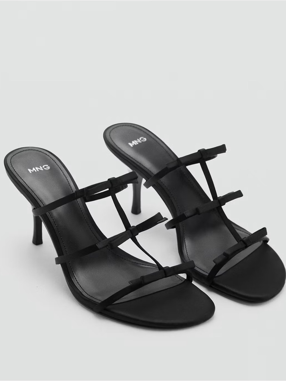 Mango Strappy Heeled Satin Three Strap Black Sandals w/ Bow Details NEW size 38